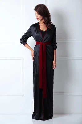 Amoralle Black Satin Burgundy Velvet Wrap Robe L BNWT 12-14 - Image 1 of 4