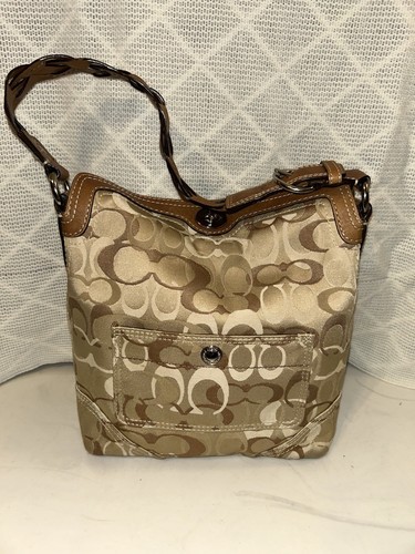 Autentica borsa a tracolla Coach marrone e beige in tela e pelle ferramenta argento