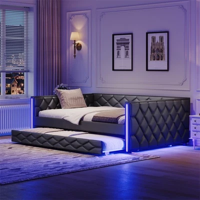 Sofá cama tapizado de PU negro con cama nido y luz LED completo XL funcional Foto 1 de 4
