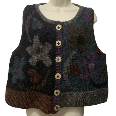 Vtg 90s Tara Handknits Wool Floral Vest Cottagecore Art to Wear Handknit Nepal - Image 1 of 4
