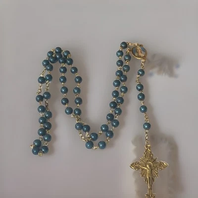 Rosary Beads Catholic Blue & Gold Tone Mary Star Of The Sea Guide Me Crucifix - Image 1 of 4