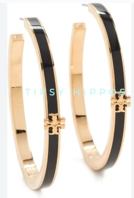 ✺ TORY BURCH BLACK AND GOLD KIRA ENAMEL HOP EARRINGS ✺✺ - Image 1 of 4