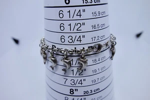 VINTAGE STERLING ARMBAND CHARM 7" HANDGELENK...16 GESCHWOLLENE DELFINE 11,75 GRAMM - Bild 1 von 3