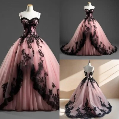 Gothic Pink Black Wedding Dresses Strapless Ruffled Lace Appliques Bridal Gowns - Image 1 of 4