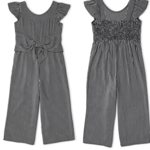 Wonder Nation Ruffle Sleeve Tie Front black white pin stripe Jumpsuit M 7-8 - Picture 1 of 9