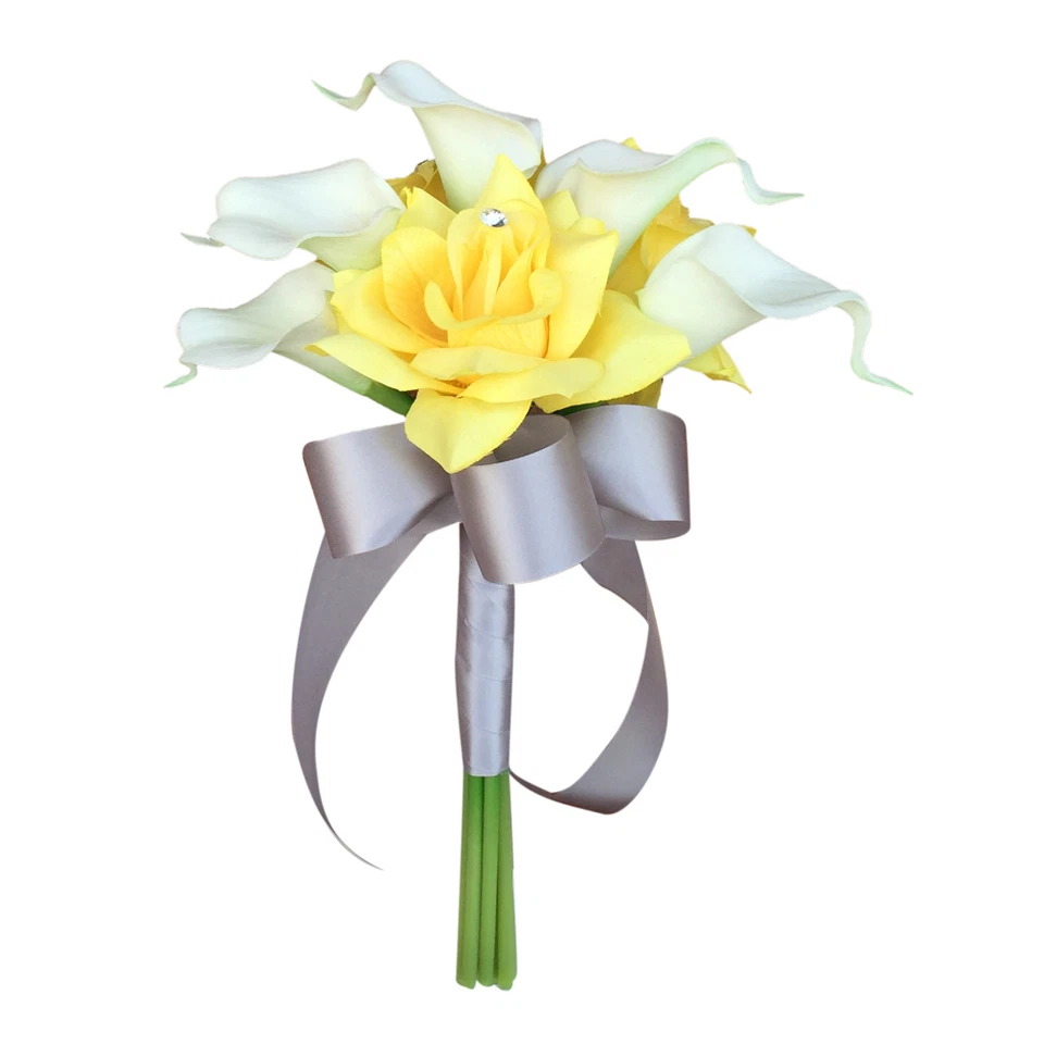 Bouquet:Real Touch Calla lily(artificial feels like real) Rose-gray ribbon - Image 1 of 1