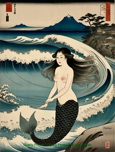 Japanese Mermaid Leaps from Surf 8.5x11" Photo Print Style Moronobu / Harker Art - Picture 1 of 1