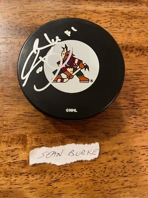 Disco con logotipo de Sean Burke firmado a mano autografiado de la NHL Phoenix Coyotes Foto 1 de 3