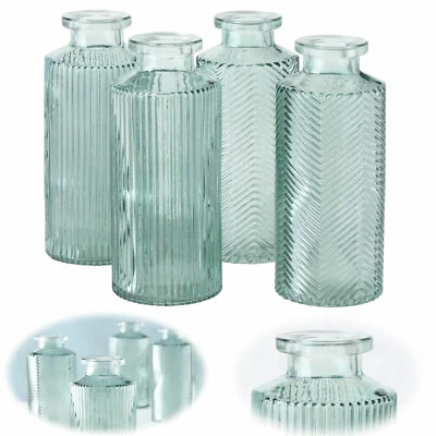 4 Retro Glas-Vase 14cm Grün Set Deko Tisch-Vase Blumenvase Mini Väschen Flaschen - Bild 1 von 4