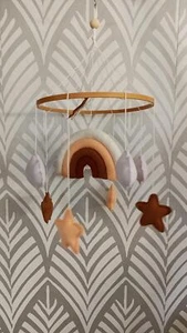 Baby Crib Mobile Rainbow Star Feather Felt Boho Nursery DéCor Brown Cream Pink - Picture 1 of 7