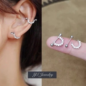 Womens 925 Sterling Silver CZ Crystal Small Huggie Hoop Earrings Screw Back Stud - Picture 1 of 6