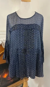 Lucky Brand Sheer Print Crinkle Blue Lined Tiered Tunic ~ 2X - Picture 1 of 8