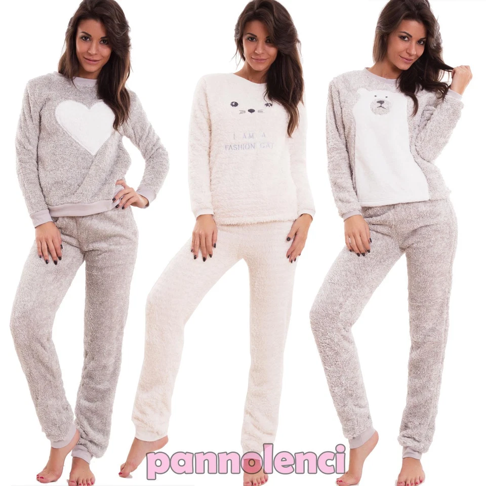 Pigiama donna ecopelliccia manica lunga pantaloni gatto cuore orso nuovo B1636 - Immagine 1 di 1
