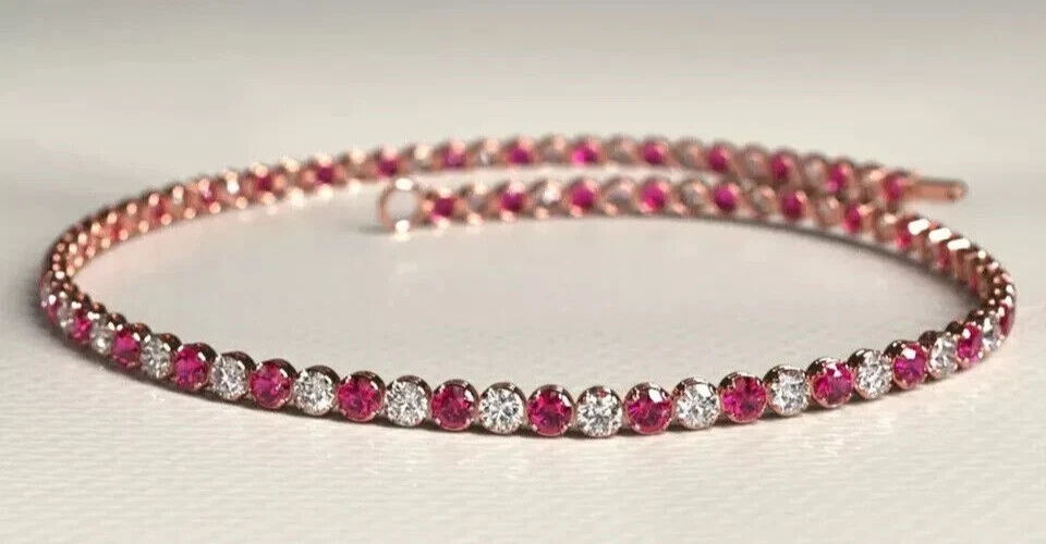 Brazalete tenis para mujer 5 quilates corte redondo simulado rubí rosa chapado en oro rosa de 14 k Foto 1 de 4
