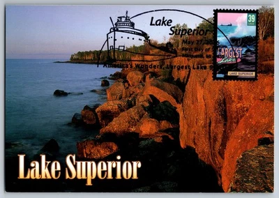 #4037 Wonders of America Largest Lake Lake Superior FDC Maxi Card w/Pict Cancel - Image 1 of 2