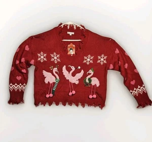 Jolly Sweater Large Women's Junior Flamingos Snowflake Red Crop Christmas Gift - Picture 1 of 22