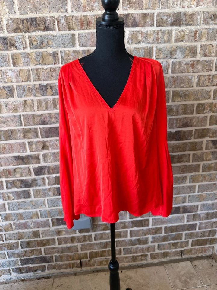 Trina Turk Naranja Cierre Botón 95% Seda Manga Larga Talla Grande Cuello en V Sólido Foto 1 de 4