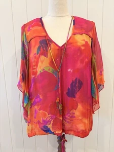 Vintage Diane Freis Size 2X Colourful Drawstring Blouse Georgette 100% Silk - Picture 1 of 13