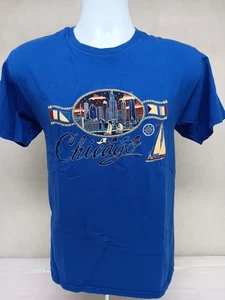 Vintage Chicago Skyline Nautical Graphic T-Shirt Size Medium Lake Michigan Blue - Picture 1 of 11