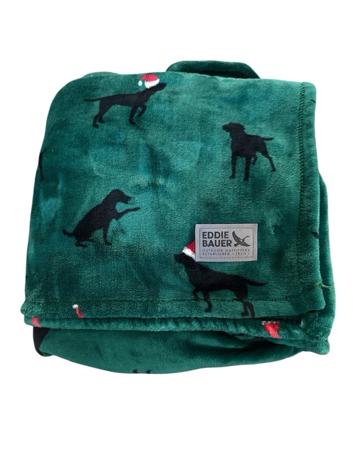 Eddie Bauer 60x90 Winter Green W Black Dogs Santa Hats Soft Plush Throw Twin - Image 1 of 3