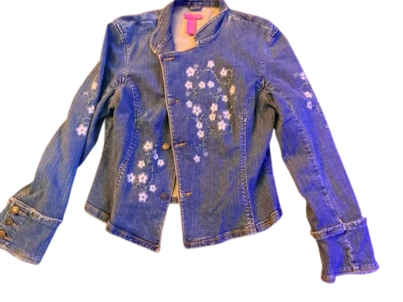 Jaqueta caminhoneiro Thalia Sodi feminina grande azul floral denim botão assimétrico vintage - Imagem 1 de 4