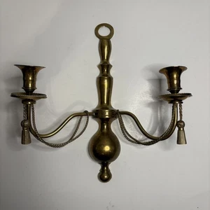 Vintage Brass Wall Sconce Candle Holder Two Arm Ornate Tassels 14" Made in India - Picture 1 of 16