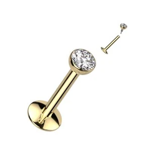 Titanium Gold PVD Internally Threaded Labret With Bezel CZ Extended Thread Top - Picture 1 of 1