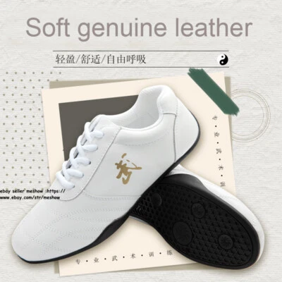 Kids Men's Leather Martial Arts Training Footwear Taekwondo Kung Fu TaiChi Shoes - Image 1 of 4
