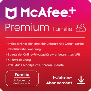 McAfee+ PREMIUM Family Security 2+4 Nutzer, unbegrenzte Geräte,1 Jahr,Download - Bild 1 von 1