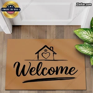 Personalized Welcome Home Doormat, Heart House Icon with Script Font Style - Picture 1 of 5