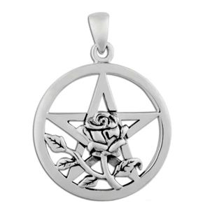 Sterling Silver Rose Pentacle Pendant- Wiccan Wicca Pentagram Pagan Jewelry - Picture 1 of 1