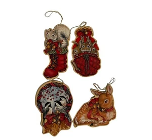 Vintage Stanzholz Ornament Weihnachten Hirsch Eichhörnchen Hase Küken 4er Set - Bild 1 von 8