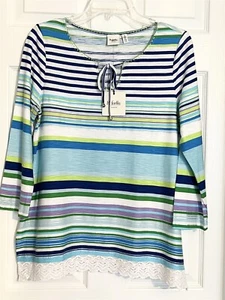 NWT Rafaella Weekend Size S Blue Stripe 3/4 Sleeve Tie Neck Lace Hem Tunic Top - Picture 1 of 7