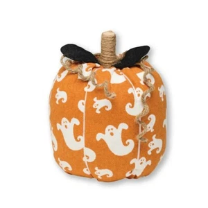 Primitive PUMPKIN Halloween Orange & White GHOSTS Fabric Wood Stem 4x6" - Picture 1 of 1
