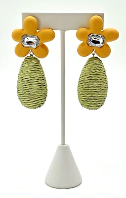 Nakamol Chicago Yellow Flower Crystal Raffia Boho Statement Earrings New - Image 1 of 4