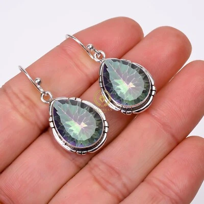 Elegant Handmade Rainbow Mystical Fire Topaz 925 Sterling Silver Hook Earrings - Image 1 of 4