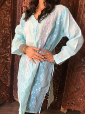 Boho Blue Paisley Embroidery Cotton Tunic Long Sleeves Ethnicwear Gypsy Dress XL