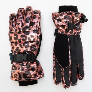 Girls Rose Gold Leopard Foil Gloves Weather Proof Insulation Touch S/M - Picture 1 of 13