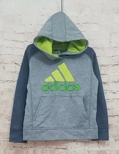Adidas Boys Size 5 Pullover Hoodie Gray Stitched Green Logo Sweatshirt Athletic - Picture 1 of 13