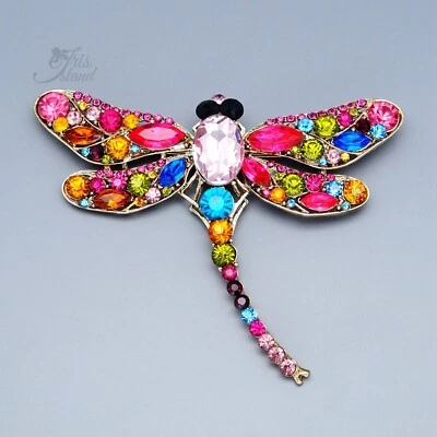 Women Antique Gold Multicolor Crystal Dragonfly Pendant Brooch Pin Gift 20224 - Image 1 of 4