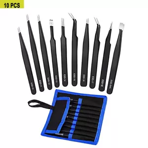 10 Pcs Precision ESD Anti-Static Repair Stainless Steel Tweezers Set Kit Tools - Picture 1 of 8