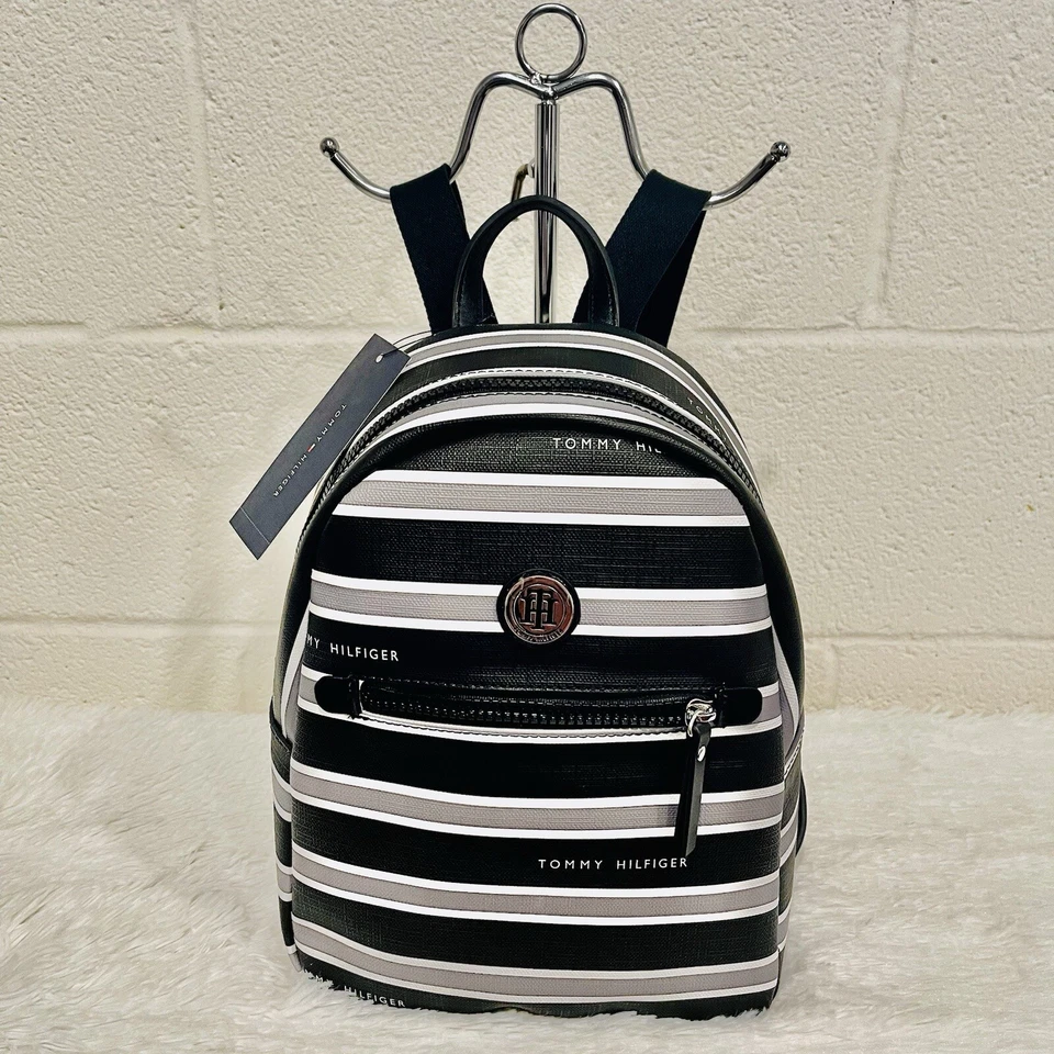 Tommy Hilfiger Tan White Blue Striped Backpack Shoulder Bag 69j2054 001
