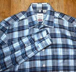Camisa de manga larga Haupt para hombre pequeña (37/38 14,5) mezcla de lino azul a rayas - Imagen 1 de 4