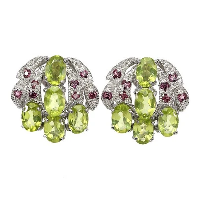 925 Sterling Silver Earrings Oval Peridot 6x4mm Rhodolite Gemstone Jewelry - Image 1 of 4