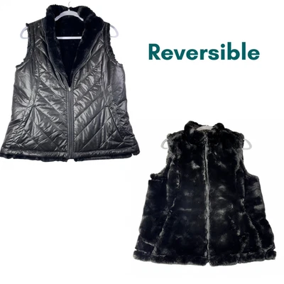 Chaleco acolchado de piel sintética reversible Nicole Miller mediano M negro acogedor Foto 1 de 4