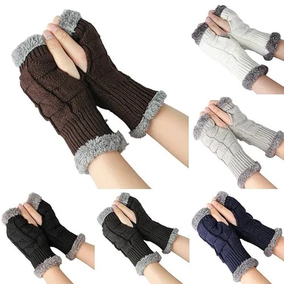 Women Ladies Winter Fingerless Suede Fur Gloves Mittens Soft Warm Fleece Lined - Image 1 of 4