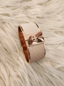 TORY BURCH Leather Inlay Cuff Bracelet ROSE GOLD-TONE Snakeskin Embossed HINGE - Picture 1 of 13