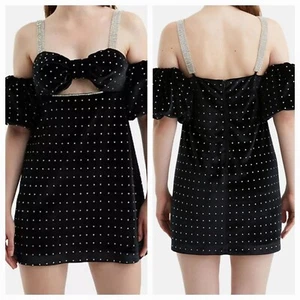 New Nocturne Women's (M) Black Velvet Beaded Rhinestones Straps Mini Dress $400 - Picture 1 of 13