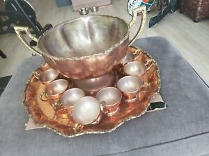 Antique Ornate Copper Punch Bowl And Tray