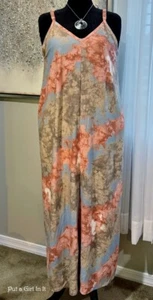 New Womens PLUS SIZE BLUE PEACH TIE DYE SLEEVELESS MAXI DRESS POCKETS 1X 2X 3X - Picture 1 of 6
